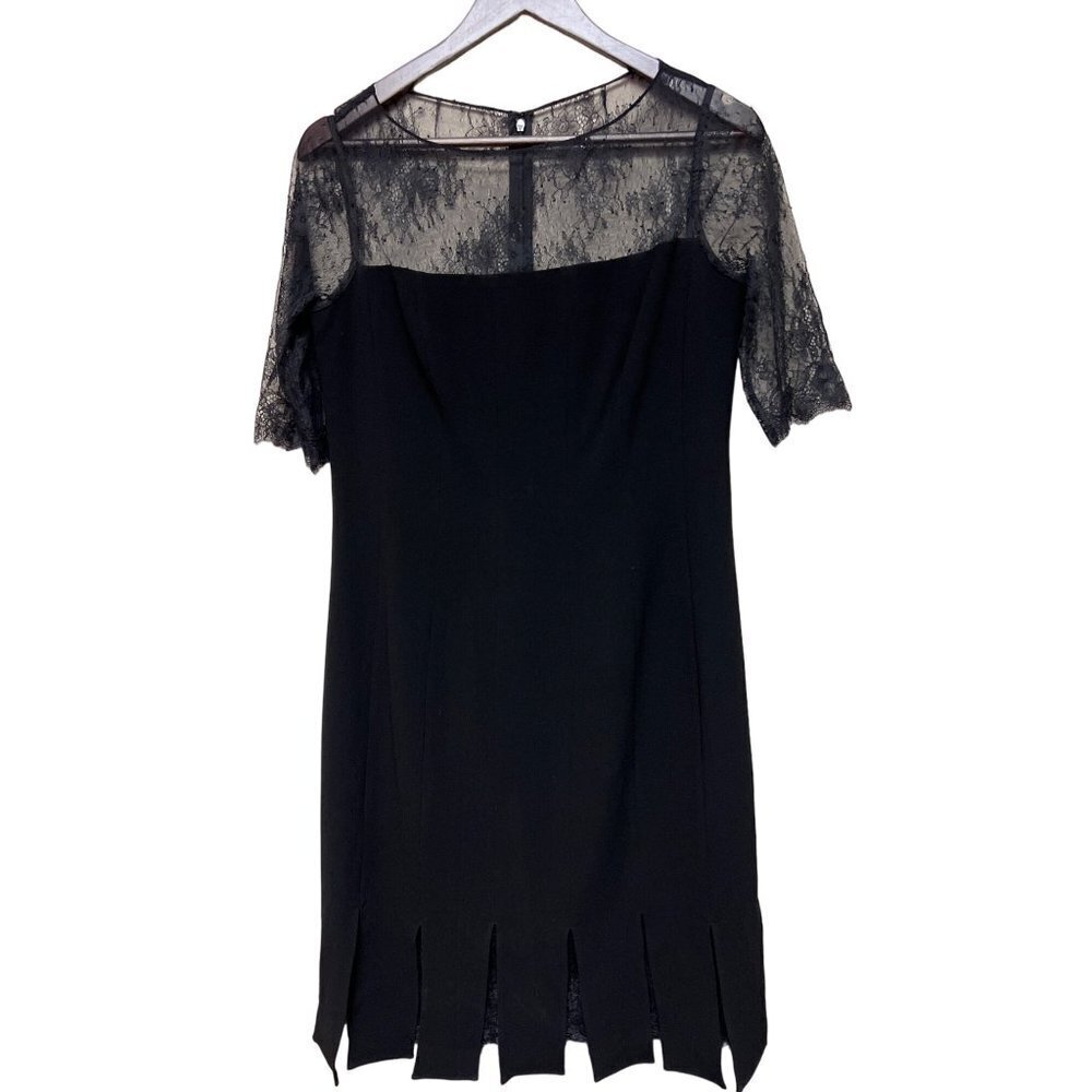 rickie freeman TERI JON Black Lace Pleated Cut Hem Short Sleeve Women's Size 8